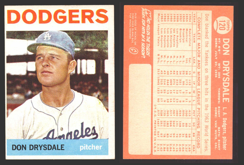1964 Topps Baseball Trading Card You Pick Singles #100-#199 VG/EX #	120 Don Drysdale - Los Angeles Dodgers  - TvMovieCards.com