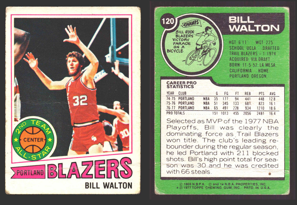 1977-78 Topps Basketball Trading Card You Pick Singles #1-#132 VG/EX #	120 Bill Walton - Portland Trail Blazers AS (creased)  - TvMovieCards.com