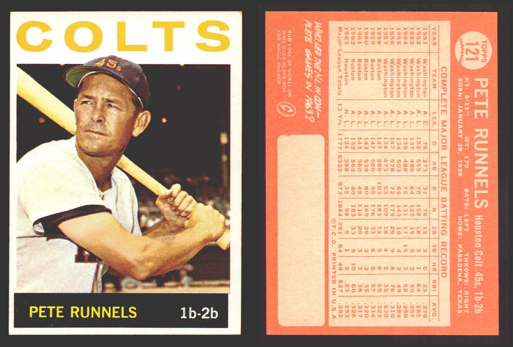 1964 Topps Baseball Trading Card You Pick Singles #100-#199 VG/EX #	121 Pete Runnels - Houston Colt .45's  - TvMovieCards.com