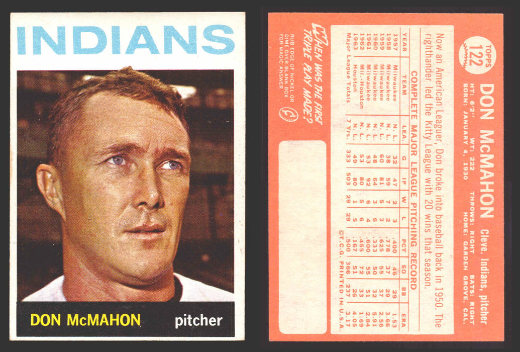 1964 Topps Baseball Trading Card You Pick Singles #100-#199 VG/EX #	122 Don McMahon - Cleveland Indians  - TvMovieCards.com