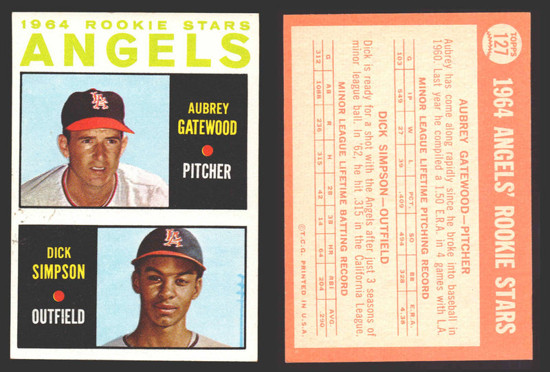 1964 Topps Baseball Trading Card You Pick Singles #100-#199 VG/EX #	127 Angels Rookies - Aubrey Gatewood / Dick Simpson RC  - TvMovieCards.com