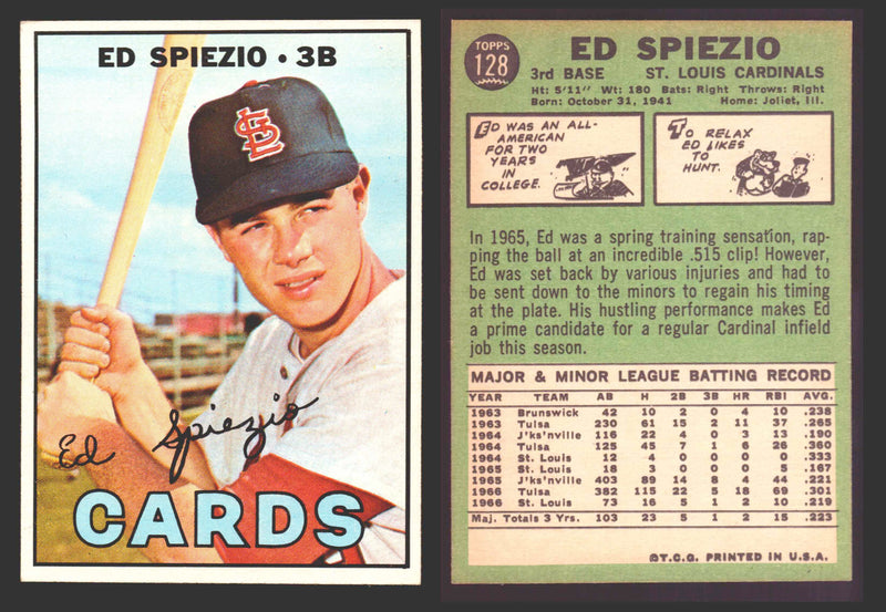1967 Topps Baseball Trading Card You Pick Singles #100-#199 VG/EX #	128 Ed Spiezio - St. Louis Cardinals RC  - TvMovieCards.com