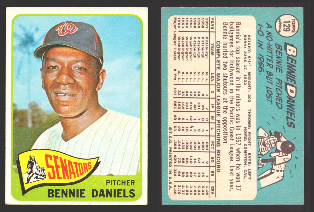1965 Topps Baseball Trading Card You Pick Singles #100-#199 VG/EX #	129 Bennie Daniels - Washington Senators  - TvMovieCards.com