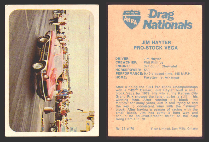 AHRA Drag Nationals 1971 Fleer Canada Trading Cards You Pick Singles #1-70 12 of 70   Jim Hayter                      Pro-Stock Vega  - TvMovieCards.com