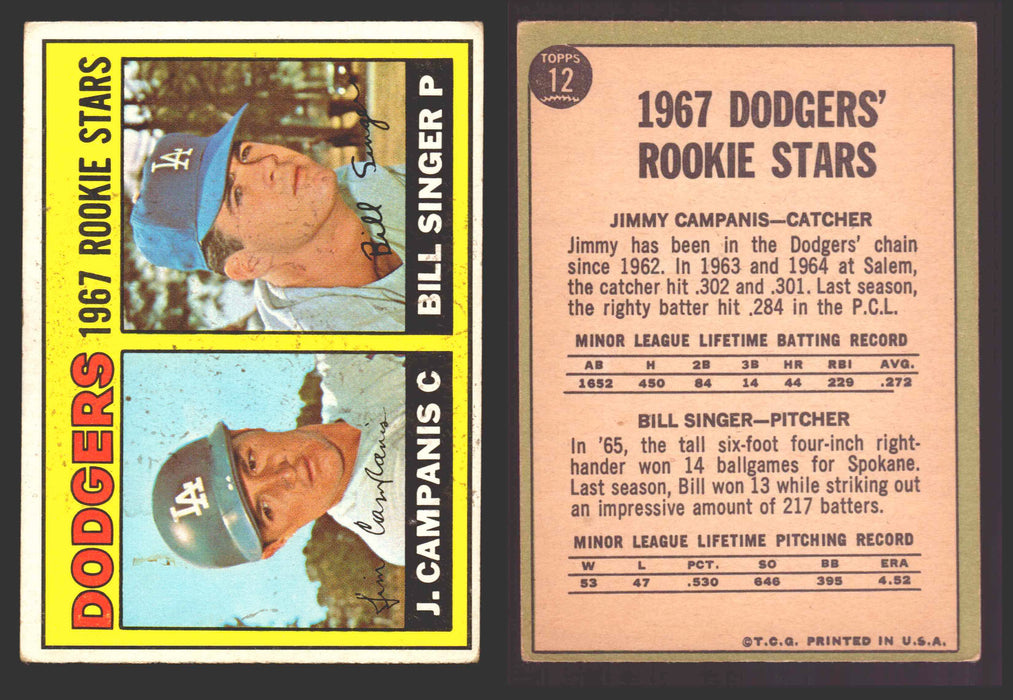 1967 Topps Baseball Trading Card You Pick Singles #1-#99 VG/EX #	12 Dodgers Rookies - Jim Campanis / Bill Singer RC  - TvMovieCards.com