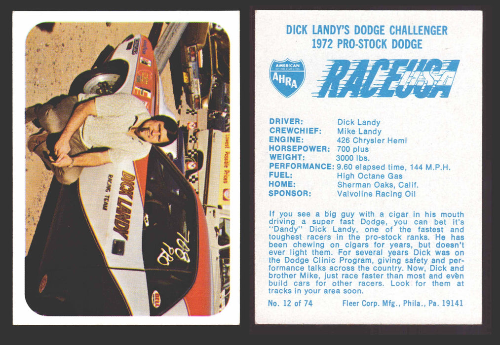Race USA AHRA Drag Champs 1973 Fleer Vintage Trading Cards You Pick Singles 12 of 74   Dick Landy's Dodge Challenger  - TvMovieCards.com