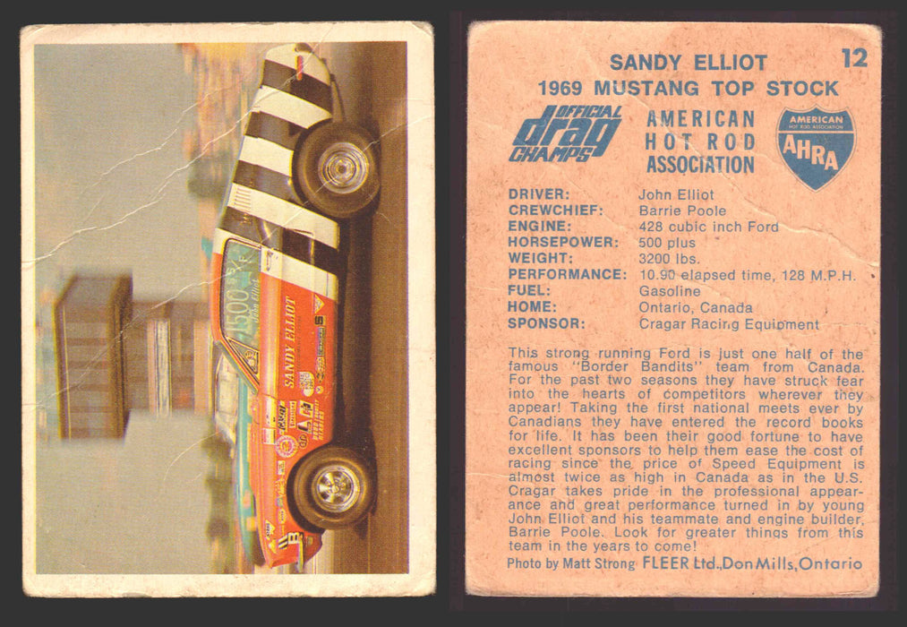 AHRA Official Drag Champs 1971 Fleer Canada Trading Cards You Pick Singles #1-63 12   Sandy Elliott                                    1969 Mustang Top Stock (creased)  - TvMovieCards.com