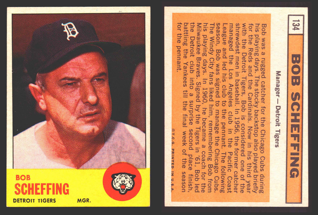 1963 Topps Baseball Trading Card You Pick Singles #100-#199 VG/EX #	134 Bob Scheffing MG - Detroit Tigers  - TvMovieCards.com