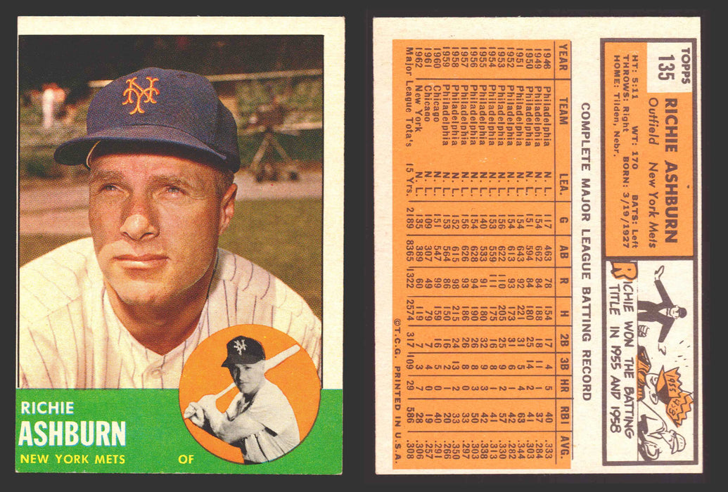 1963 Topps Baseball Trading Card You Pick Singles #100-#199 VG/EX #	135 Richie Ashburn - New York Mets  - TvMovieCards.com