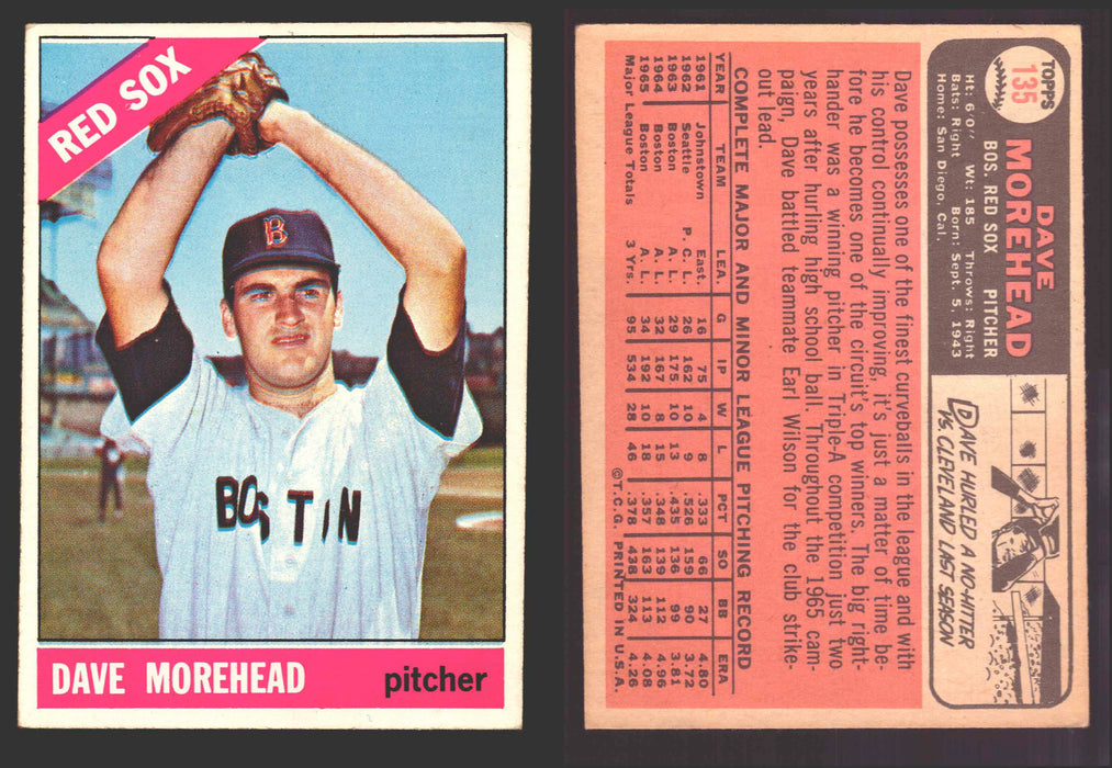 1966 Topps Baseball Trading Card You Pick Singles #100-#399 VG/EX #	135 Dave Morehead - Boston Red Sox  - TvMovieCards.com