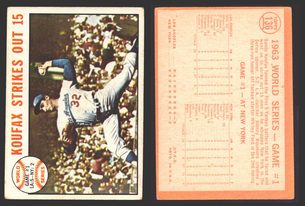1964 Topps Baseball Trading Card You Pick Singles #100-#199 VG/EX #	136 World Series Game 1 - Koufax Strikes Out 15  - TvMovieCards.com