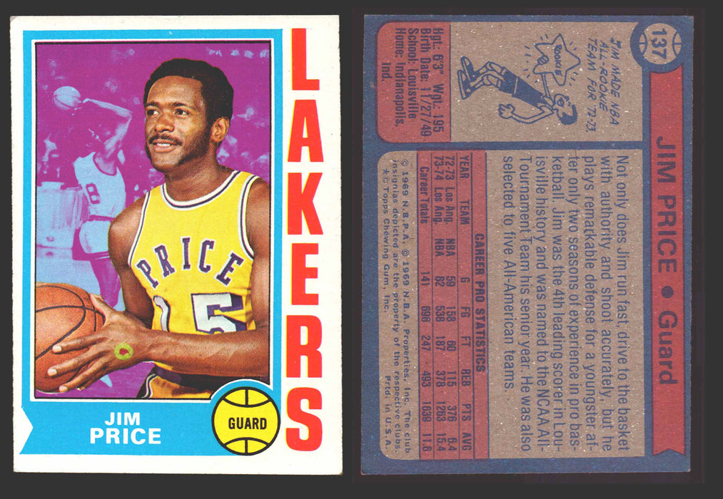 1974-75 Topps Basketball Trading Card You Pick Singles #100-#199 VG/EX #	137 Jim Price - Los Angeles Lakers  - TvMovieCards.com