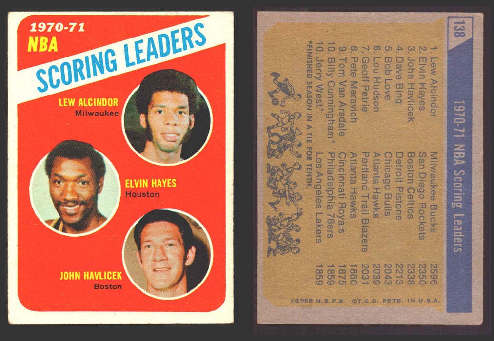 1970-71 Topps Basketball Trading Card You Pick Singles #1-#151 VG/EX #	138 Lew Alcindor / Elvin Hayes / John Havlicek LL  - TvMovieCards.com