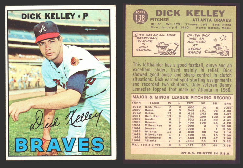 1967 Topps Baseball Trading Card You Pick Singles #100-#199 VG/EX #	138 Dick Kelley - Atlanta Braves  - TvMovieCards.com