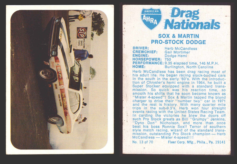 AHRA Drag Nationals 1971 Fleer USA White Trading Cards You Pick Singles #1-70 13 of 70   Sox & Martin                    Pro-Stock Dodge  - TvMovieCards.com