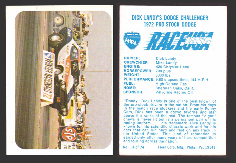 Race USA AHRA Drag Champs 1973 Fleer Vintage Trading Cards You Pick Singles 13 of 74   Dick Landy's Dodge Challenger  - TvMovieCards.com