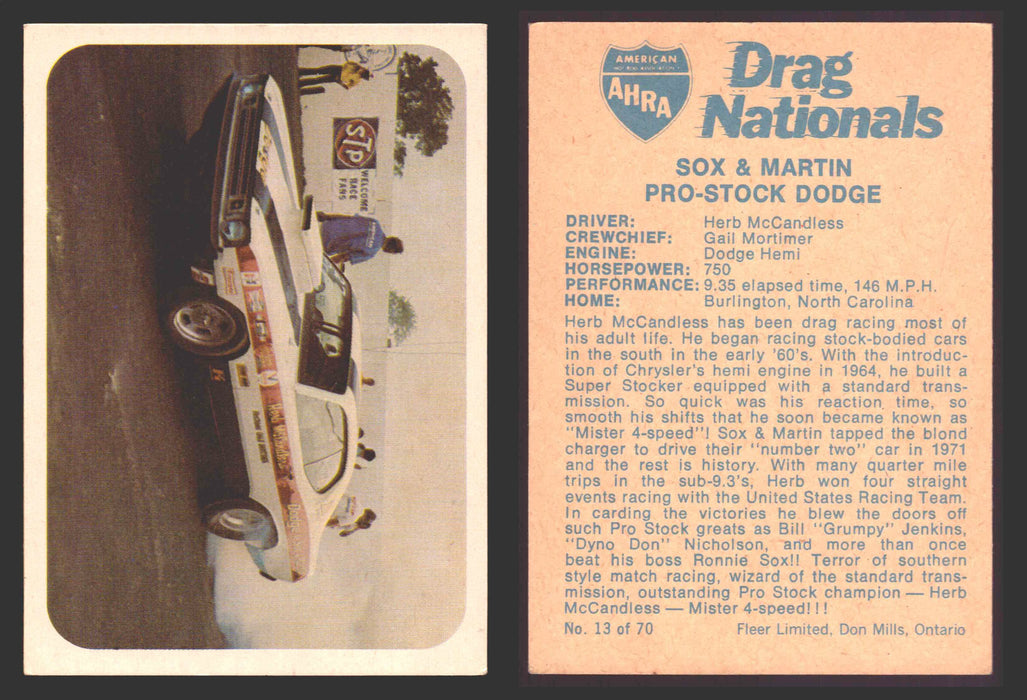AHRA Drag Nationals 1971 Fleer Canada Trading Cards You Pick Singles #1-70 13 of 70   Sox & Martin                    Pro-Stock Dodge  - TvMovieCards.com