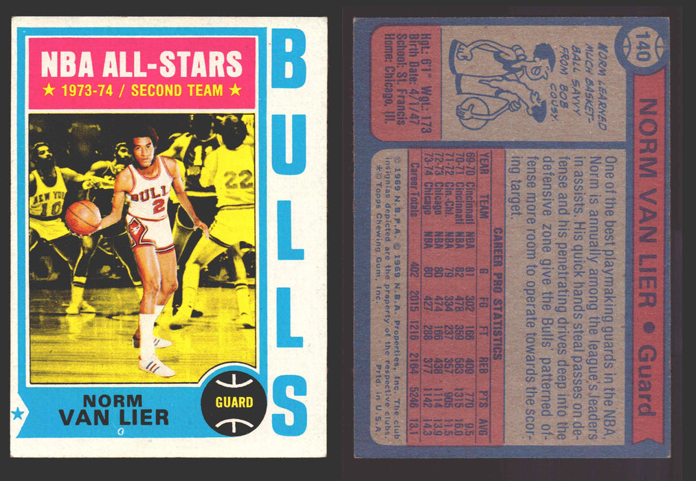 1974-75 Topps Basketball Trading Card You Pick Singles #100-#199 VG/EX #	140 Norm Van Lier - Chicago Bulls AS  - TvMovieCards.com