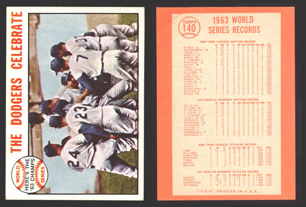 1964 Topps Baseball Trading Card You Pick Singles #100-#199 VG/EX #	140 1963 World Series Summary - The Dodgers Celebrate  - TvMovieCards.com