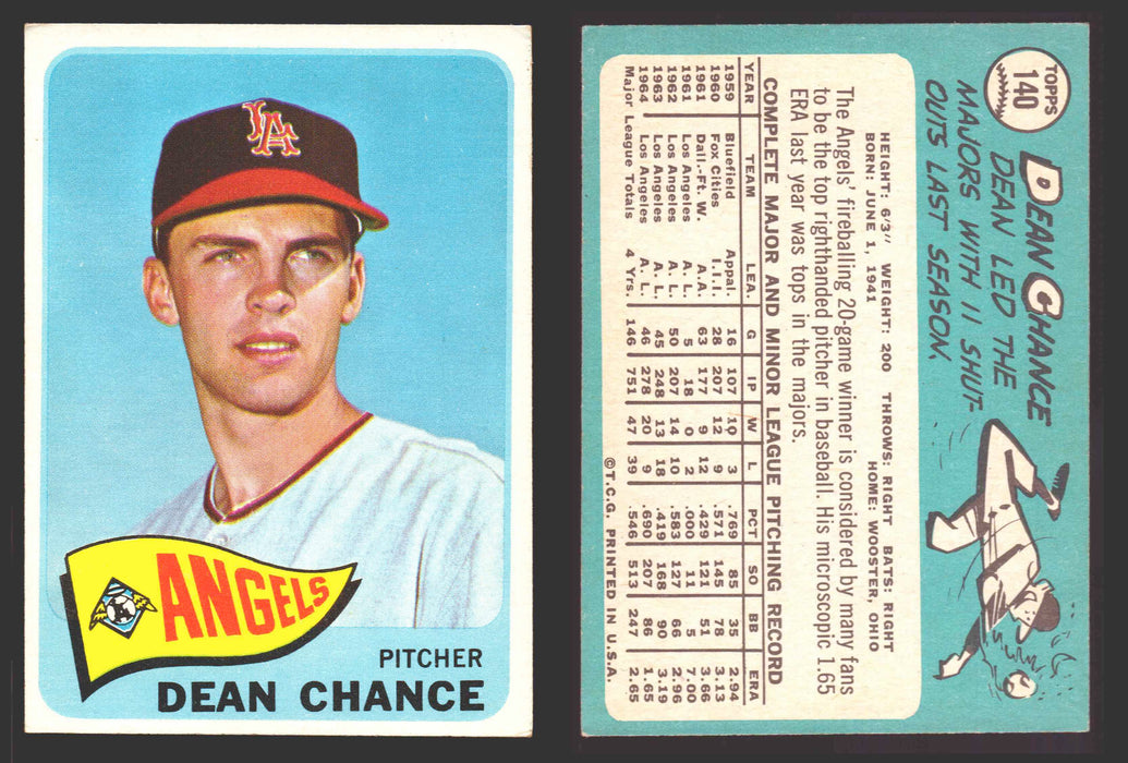 1965 Topps Baseball Trading Card You Pick Singles #100-#199 VG/EX #	140 Dean Chance - Los Angeles Angels  - TvMovieCards.com