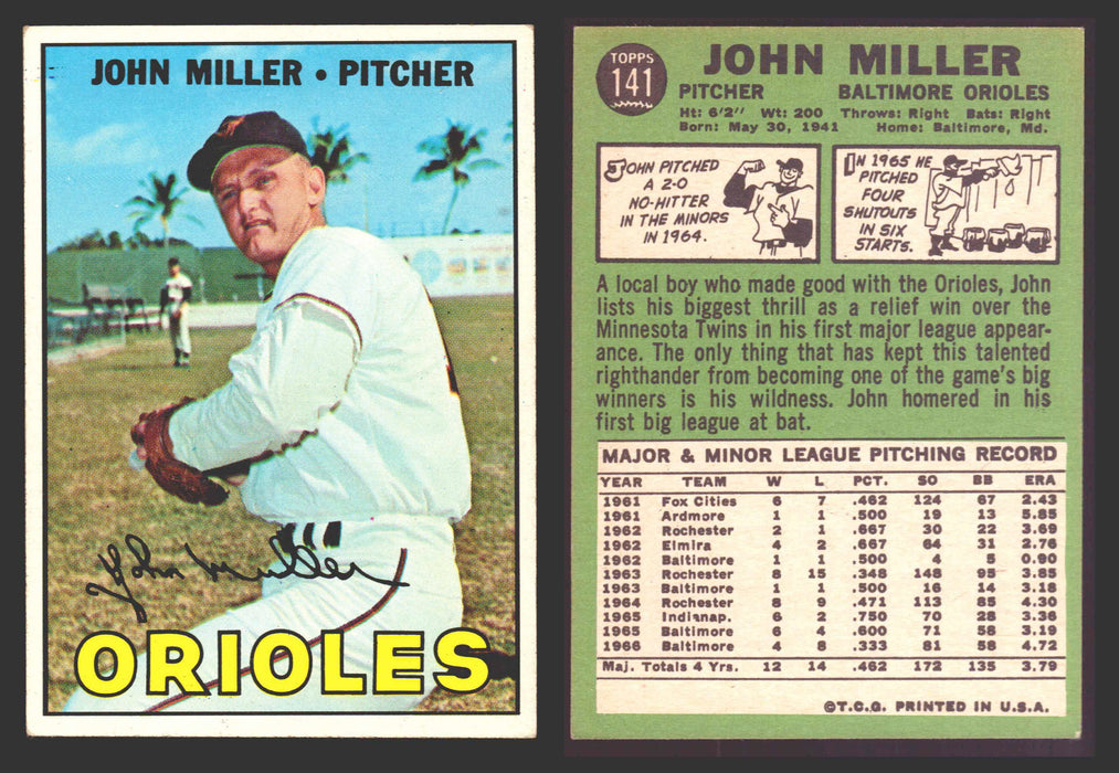 1967 Topps Baseball Trading Card You Pick Singles #100-#199 VG/EX #	141 John Miller - Baltimore Orioles  - TvMovieCards.com
