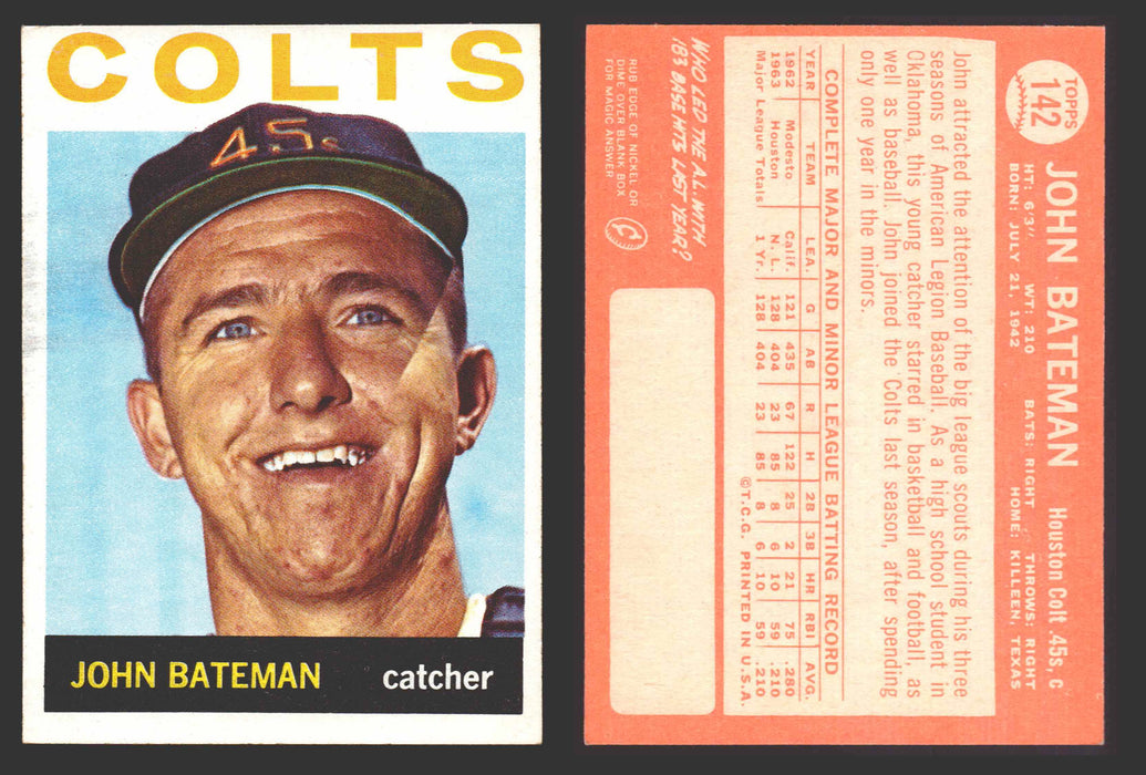 1964 Topps Baseball Trading Card You Pick Singles #100-#199 VG/EX #	142 John Bateman - Houston Colt .45's  - TvMovieCards.com