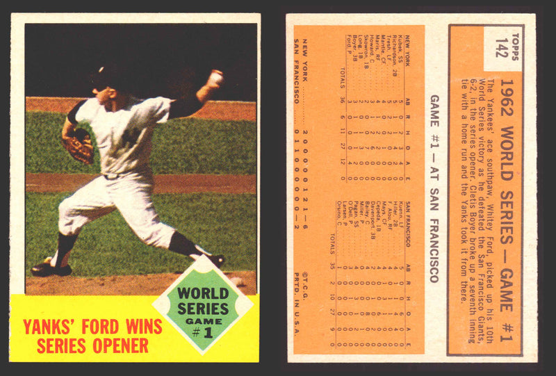 1963 Topps Baseball Trading Card You Pick Singles #100-#199 VG/EX #	142 World Series Game 1 - Yanks' Ford Wins Series Opener  - TvMovieCards.com