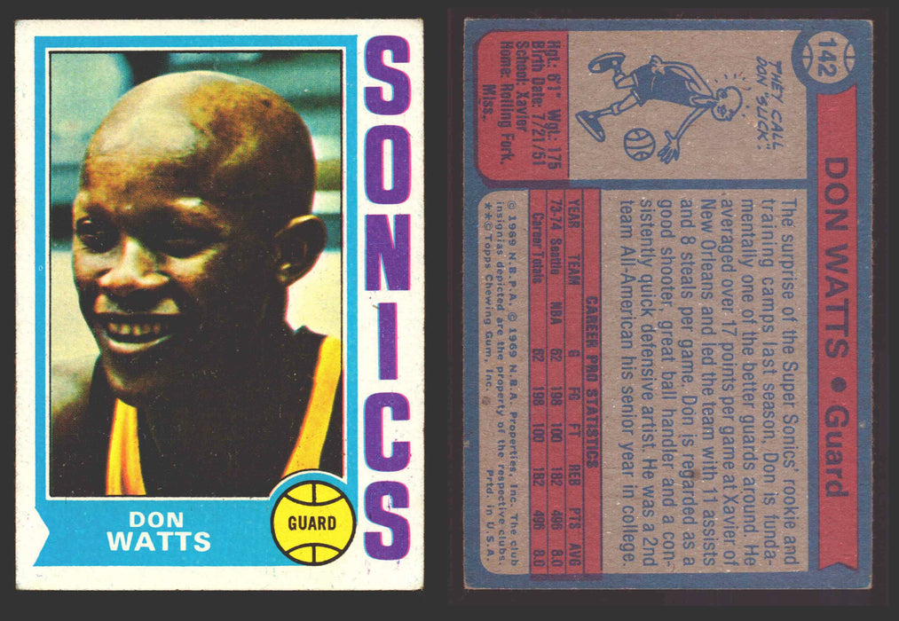 1974-75 Topps Basketball Trading Card You Pick Singles #100-#199 VG/EX #	142 Slick Watts - Seattle SuperSonics RC  - TvMovieCards.com