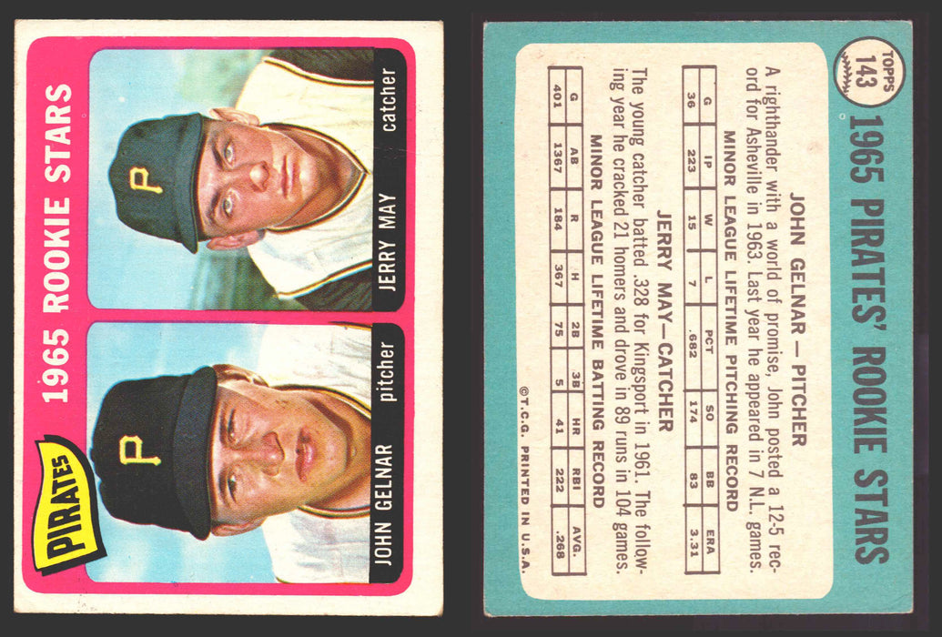 1965 Topps Baseball Trading Card You Pick Singles #100-#199 VG/EX #	143 Pirates Rookies - John Gelnar / Jerry May RC  - TvMovieCards.com