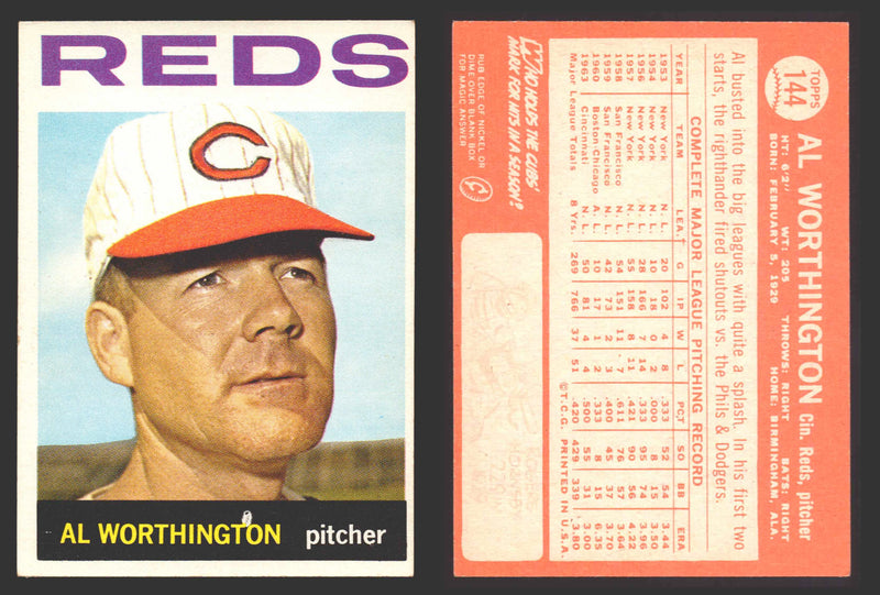 1964 Topps Baseball Trading Card You Pick Singles #100-#199 VG/EX #	144 Al Worthington - Cincinnati Reds  - TvMovieCards.com