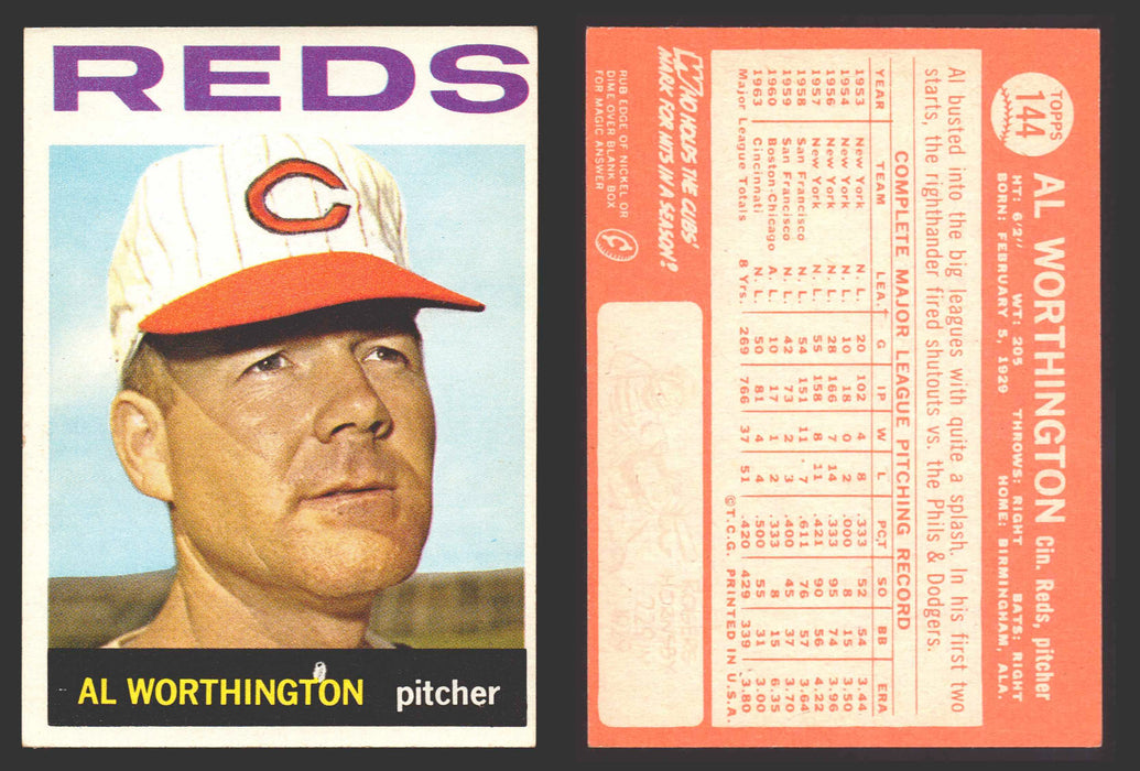 1964 Topps Baseball Trading Card You Pick Singles #100-#199 VG/EX #	144 Al Worthington - Cincinnati Reds  - TvMovieCards.com