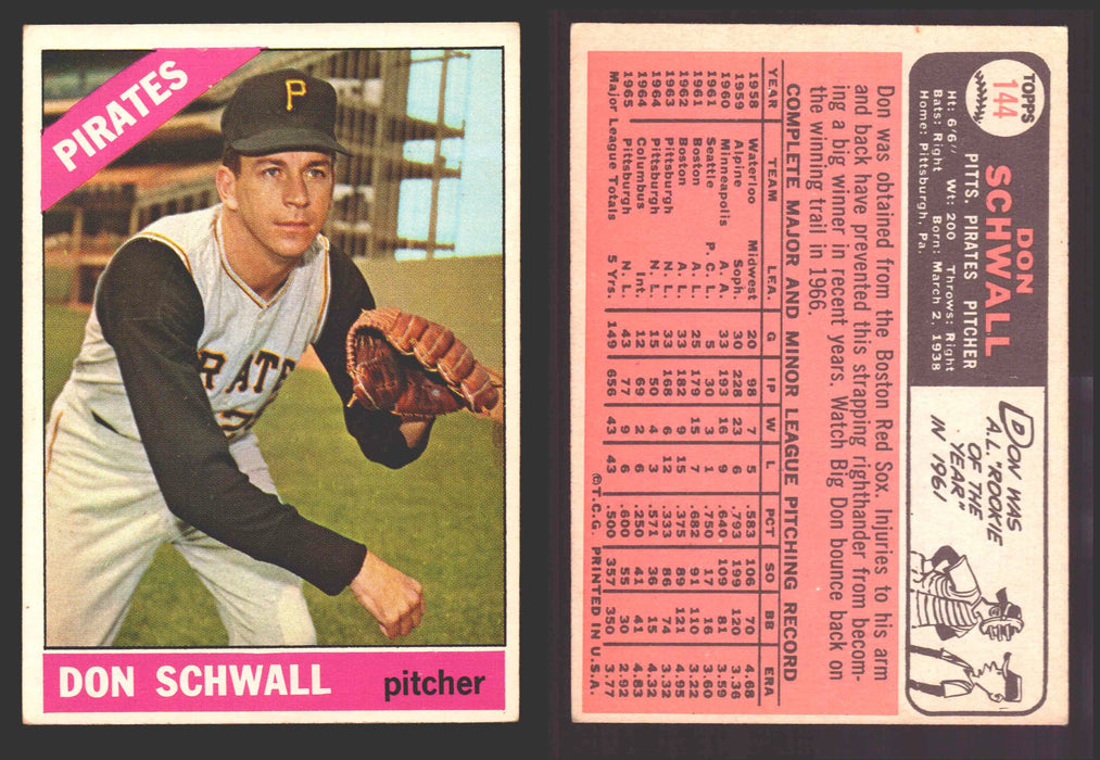 1966 Topps Baseball Trading Card You Pick Singles #100-#399 VG/EX #	144 Don Schwall - Pittsburgh Pirates  - TvMovieCards.com