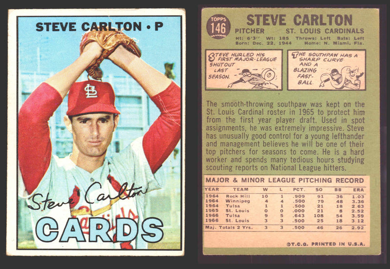 1967 Topps Baseball Trading Card You Pick Singles #100-#199 VG/EX #	146 Steve Carlton - St. Louis Cardinals (creased)  - TvMovieCards.com