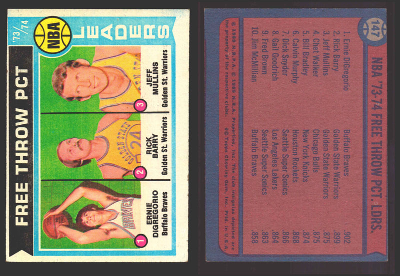 1974-75 Topps Basketball Trading Card You Pick Singles #100-#199 VG/EX #	147 1973-74 NBA Free Throw Pct. Leaders  - TvMovieCards.com