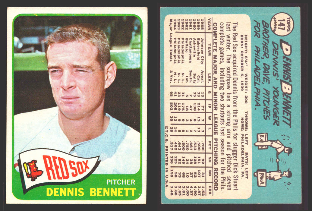 1965 Topps Baseball Trading Card You Pick Singles #100-#199 VG/EX #	147 Dennis Bennett - Boston Red Sox  - TvMovieCards.com