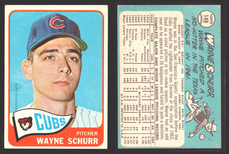 1965 Topps Baseball Trading Card You Pick Singles #100-#199 VG/EX #	149 Wayne Schurr - Chicago Cubs  - TvMovieCards.com