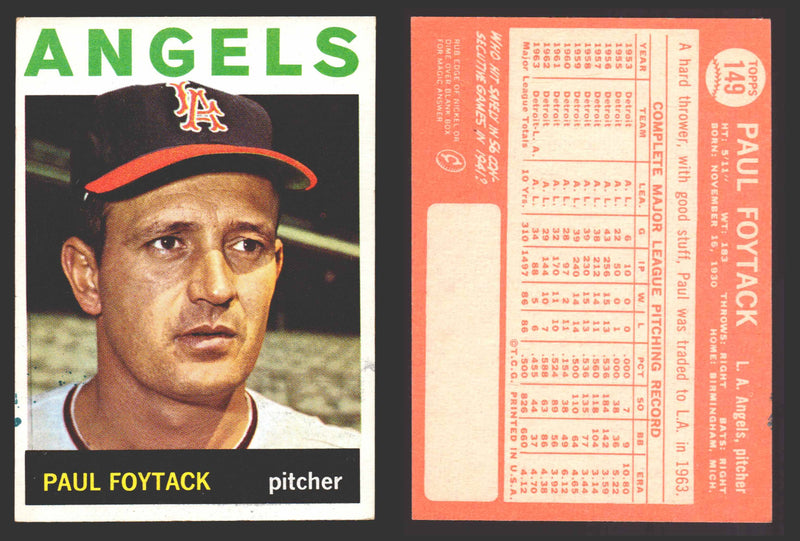 1964 Topps Baseball Trading Card You Pick Singles #100-#199 VG/EX #	149 Paul Foytack - Los Angeles Angels  - TvMovieCards.com