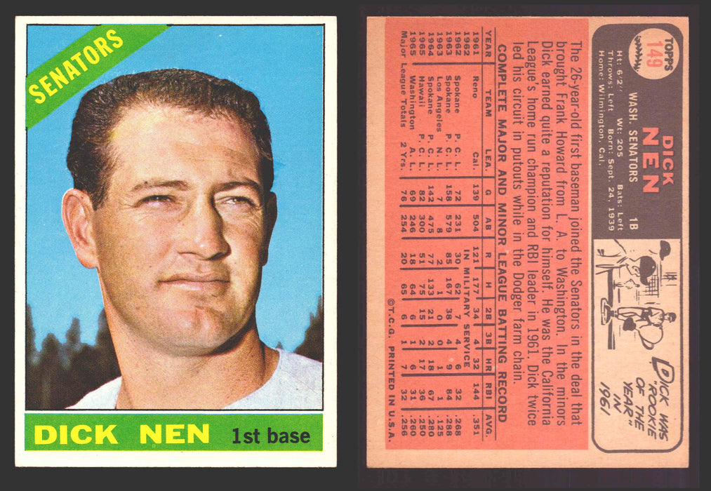 1966 Topps Baseball Trading Card You Pick Singles #100-#399 VG/EX #	149 Dick Nen - Washington Senators  - TvMovieCards.com