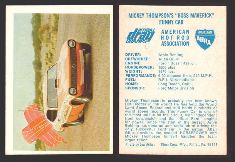 AHRA Official Drag Champs 1971 Fleer Vintage Trading Cards You Pick Singles #1-6 14 Mickey Thompson's "Boss Maverick" Funny Car - TvMovieCards.com