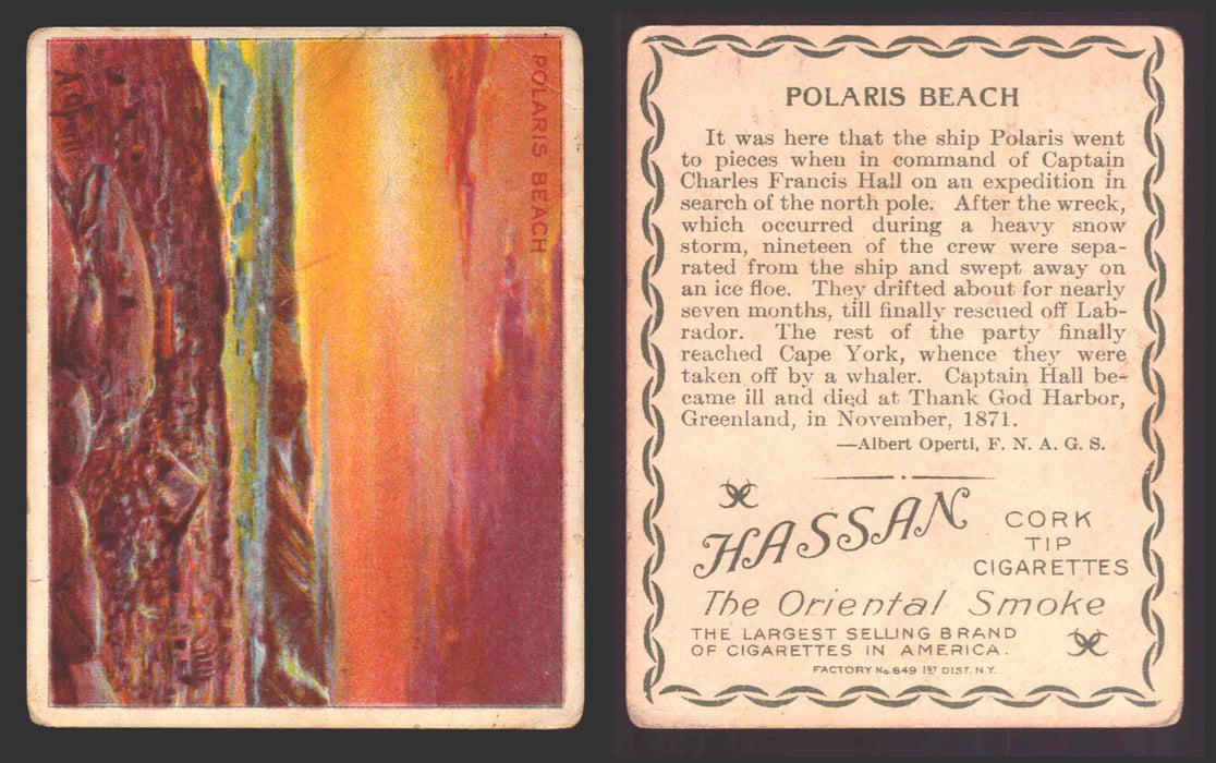 1910 T30 Hassan Tobacco Cigarettes Arctic Scenes Vintage Trading Cards Singles #14 Polaris Beach  - TvMovieCards.com