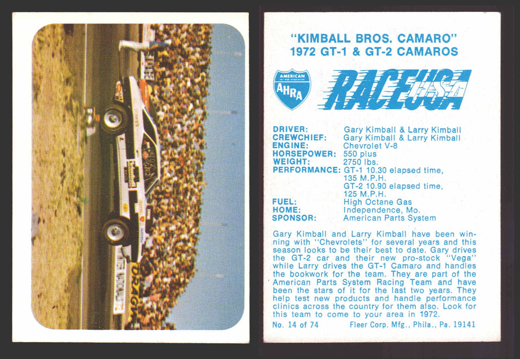 Race USA AHRA Drag Champs 1973 Fleer Vintage Trading Cards You Pick Singles 14 of 74   "Kimball Bros. Camaro"  - TvMovieCards.com