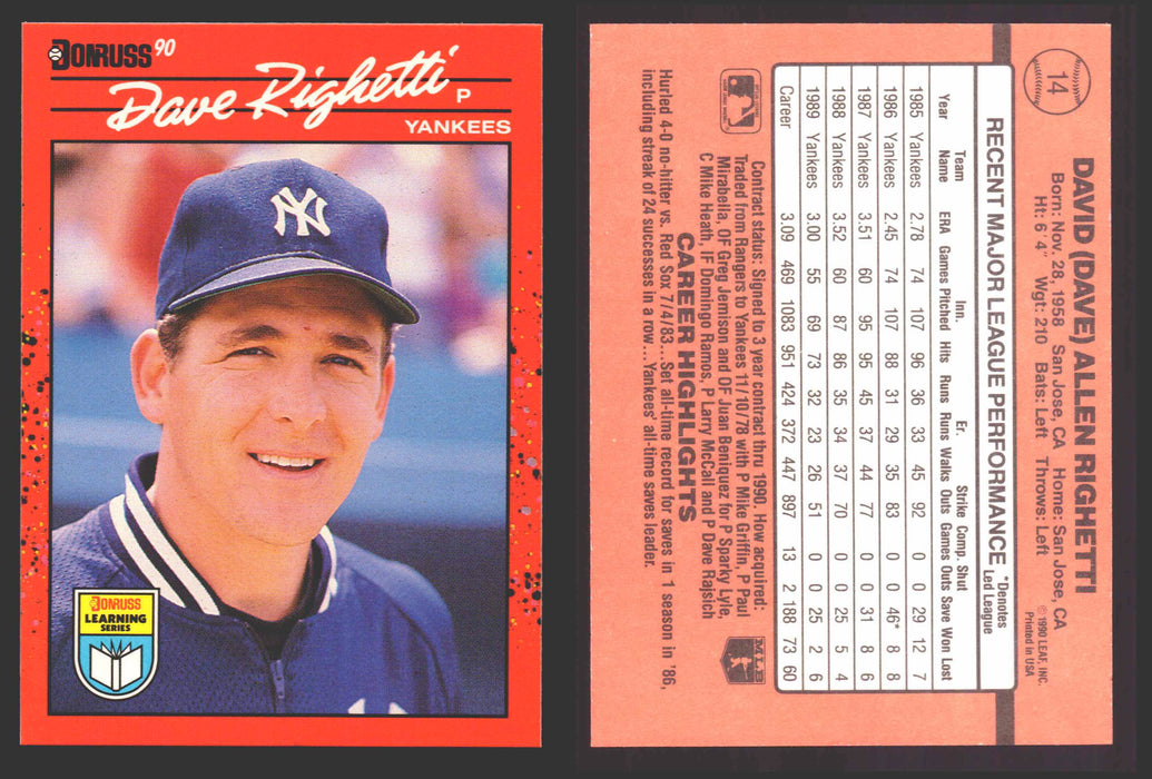 1990 Donruss Baseball Learning Series Trading Card You Pick Singles #1-55 #	14 Dave Righetti  - TvMovieCards.com