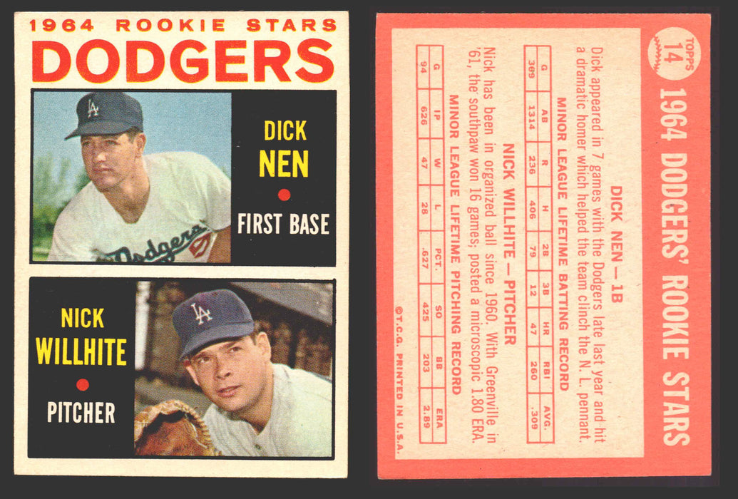 1964 Topps Baseball Trading Card You Pick Singles #1-#99 VG/EX #	14 Dodgers Rookies - Dick Nen / Nick Willhite RC  - TvMovieCards.com