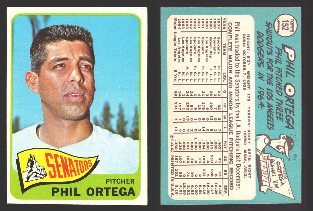 1965 Topps Baseball Trading Card You Pick Singles #100-#199 VG/EX #	152 Phil Ortega - Washington Senators  - TvMovieCards.com