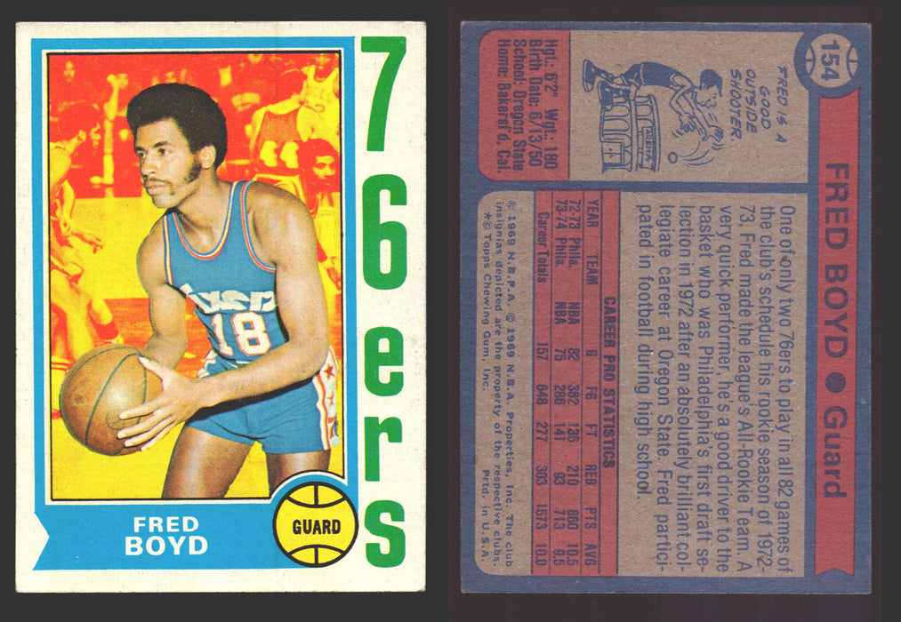 1974-75 Topps Basketball Trading Card You Pick Singles #100-#199 VG/EX #	154 Fred Boyd - Philadelphia 76ers  - TvMovieCards.com