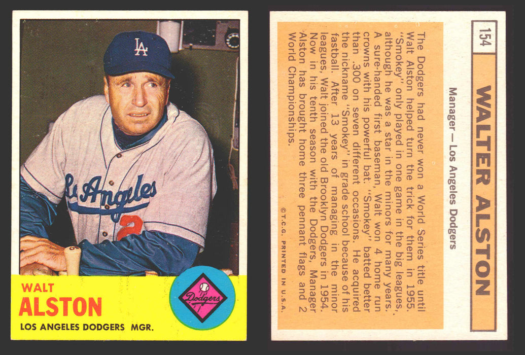 1963 Topps Baseball Trading Card You Pick Singles #100-#199 VG/EX #	154 Walt Alston - Los Angeles Dodgers  - TvMovieCards.com