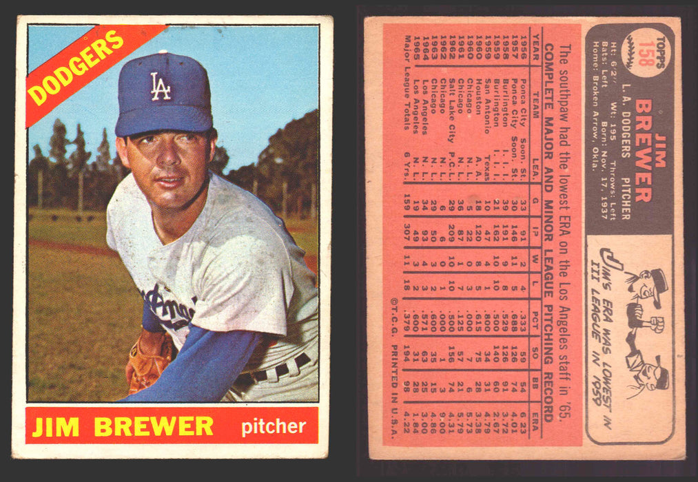 1966 Topps Baseball Trading Card You Pick Singles #100-#399 VG/EX #	158 Jim Brewer - Los Angeles Dodgers  - TvMovieCards.com