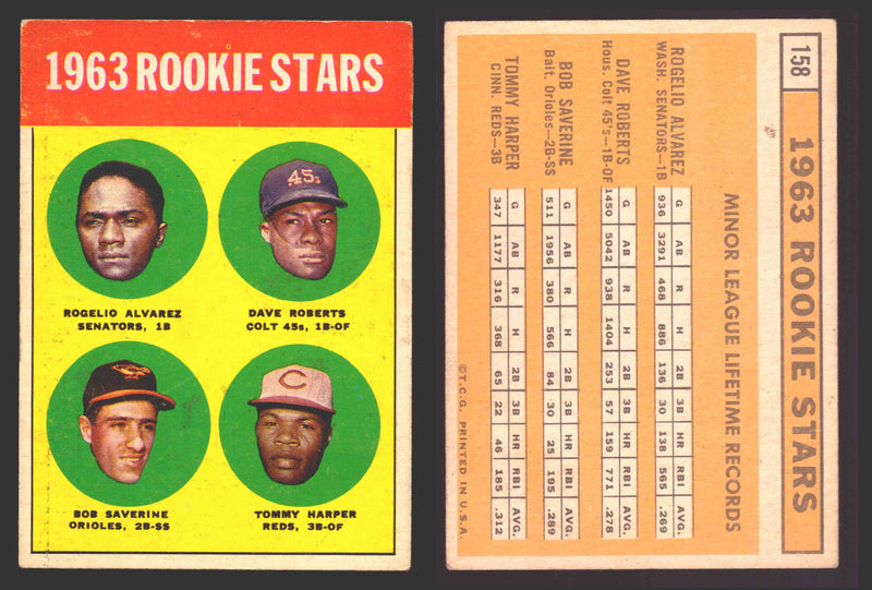 1963 Topps Baseball Trading Card You Pick Singles #100-#199 VG/EX #	158 1963 Rookie Stars - Rogelio Alvarez / Dave Roberts / Bob Saverine / Tommy Harper RC  - TvMovieCards.com