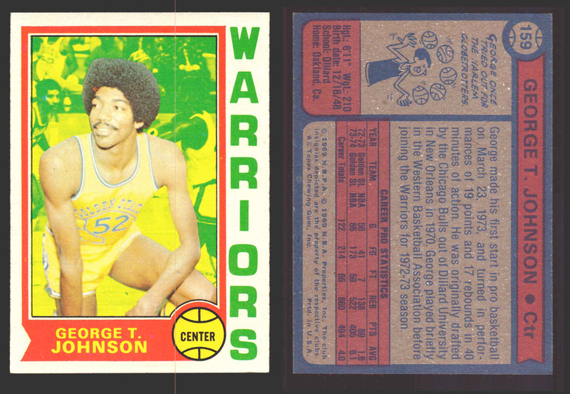 1974-75 Topps Basketball Trading Card You Pick Singles #100-#199 VG/EX #	159 George T. Johnson - Golden State Warriors  - TvMovieCards.com