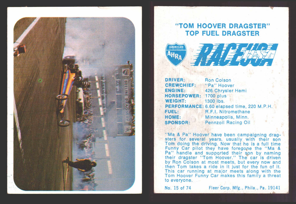 Race USA AHRA Drag Champs 1973 Fleer Vintage Trading Cards You Pick Singles 15 of 74   "Tom Hoover Dragster"  - TvMovieCards.com